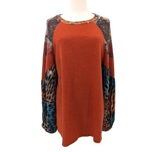 Boho Mixed Media Balloon Sleeve Tunic Top Size M Rust Patchwork‎ Cottagecore